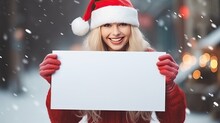 Portrait Of A Beautiful Young Woman In Santa Hat Holding A Blank White Card, Banner Copy Space, Ai Generative
