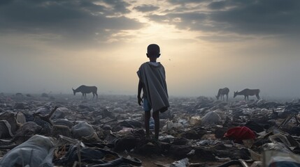 Wall Mural - Lonely African boy standing in a landfill with a black plastic bag on his shoulder looking for reusable material, surrounded by hungry garbage grazing donkeys. full ultra HD, High resolution