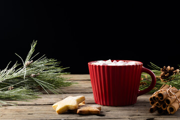 Poster - Red mug of chocolate and marshmallows and christmas decorations with copy space