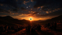 Solar Eclipse. People Gathered Together And Observed This Natural Phenomenon.