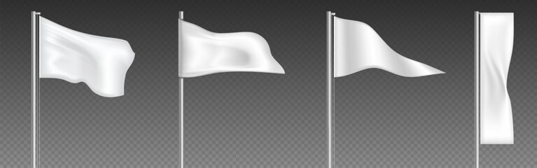 3d white pennant blank wave flag mockup vector. Realistic fabric canvas banner on pole isolated. Empty triangle festival event hanging material on stick. Label for branding decoration on chrome pillar