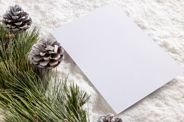 Poster - Christmas decorations and white card with copy space on snow background