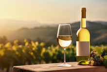 White Wine Bottle Mock Up With Empty Label, Glass, Promotion, Advertising, Vineyards At Sunset