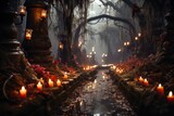 Fototapeta  - Graves swathed in Spanish moss and autumn vines, with Halloween garlands and lit candles placed among them. Generative Ai