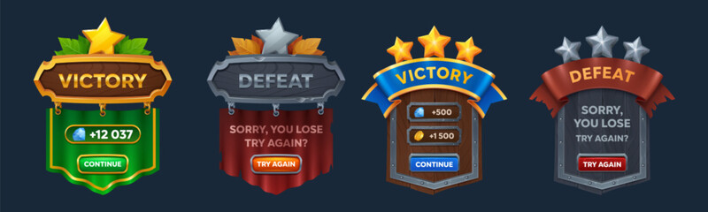 Wall Mural - Win and lose game user interface badges. Cartoon vector set of victory and defeat labels with ribbon and stars. Gui design of task result panel of successful and failed level or task achievement.