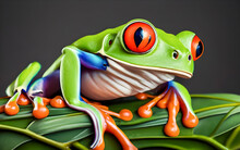 Red Eyed Tree Frog Sitting On Green Leaf Isolated On Black Background.