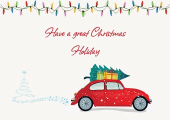 Wall Mural - illustration of red car with christmas tree and colourful lights with have a great christmas holiday