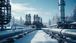 Snow-covered gas pipes and industrial processing of natural gas.