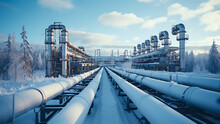 Snow-covered Gas Pipes And Industrial Processing Of Natural Gas.