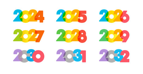 Wall Mural - Set of creative numbers from 2024 to 2032. Creative icons 2025, 2026, 2027, 2028, 2029, 2030 and 2031 logo. Calendar or planner cover design. Isolated elements. Colorful concept. New year icons.