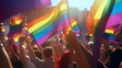 Pride community at a parade with hands raised and the LGBT flag.