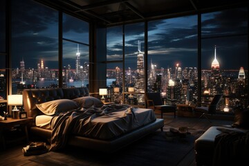 Wall Mural - Luxury hotel bedroom at night, dark gloomy, A room with a view of the city from the bed antic color, generative ai	