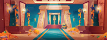 Egyptian Palace Interior With Sarcophagus And Piles Of Gold On Floor. Vector Cartoon Illustration Of Antique Pharaoh Tomb, Cat Statues, Treasure Chests Full Of Money And Gemstones, Ancient Temple