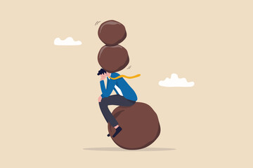 Burden, obligation to pay off, heavy stress problem or difficulty, work pressure thinking to make decision, overload duty or overthinking concept, businessman thinking with heavy burden boulder rock.