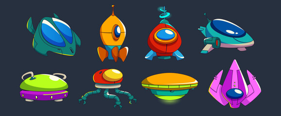 Wall Mural - game spacecraft set isolated on black background. contemporary vector illustration of futuristic spa