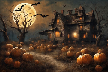 Wall Mural - halloween night, old house in mystical forest, around pumpkins and flying bats, big full moon in dark sky, scary and fabulous, dark magic