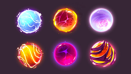 Wall Mural - Crystal magic ball, energy fortune sphere vector. Mystery light glow glass magician teller icon set. Wizard power round oracle in blue, pink and purple. Isolated witchcraft occult spiritual ui object