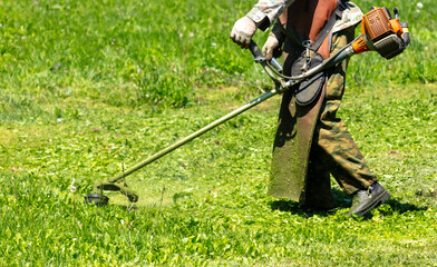 A man mows green grass with a petrol trimmer