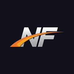 Initial letters NF vector illustrations designs overlapping with orange swoosh vector for company or factory logo on blue dark background.