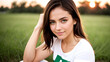 © Артем Шостак - Portrait woman in white t-shirt with green eyes, slight smile, closeup, sunrise