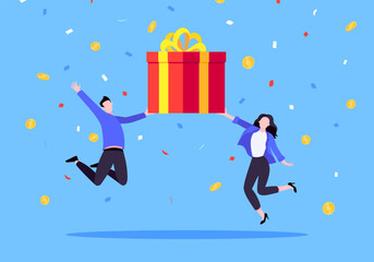 Earn loyalty program points, get online reward and gifts. Get loyalty card and customer service business concept flat design vector illustration. Tiny people won big gift box prize.
