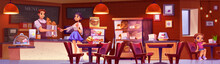 Friendly Baker Selling Bread To Customer In Modern Cafe With Fresh Pastry On Shelves. Vector Cartoon Illustration Of Bakery Shop, Sweet Cakes, Muffins, Cookies On Display, Little Girl At Cafe Table