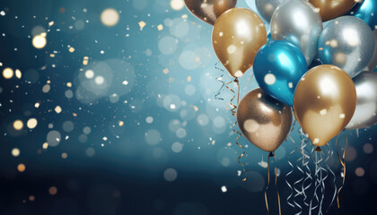 Beautiful Festive Background with Gold and Blue Balloons