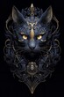 © wiwid - Digital art of a black cat with yellow eyes and a gold crown on its head. The cat is standing on a black background and looks majestic.