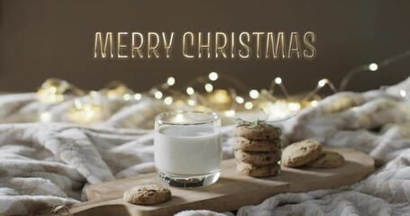 Poster - Merry christmas text over christmas cookies and milk with string lights in background