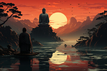 Poster - Great Buddha of Kamakura in an abstract geometric style, using clean lines and simple shapes to capture the essence of the statue's serene and majestic presence, 