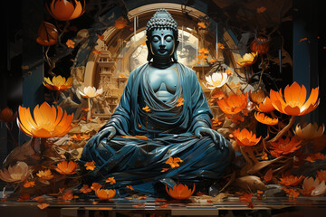 Leinwandbilder - A mixed-media collage artwork inspired by the Great Buddha of Kamakura, incorporating geometric shapes, metallic textures, and traditional Japanese motifs to create a visually striking. 