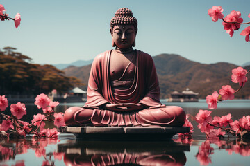 Poster - A minimalist representation of the Great Buddha of Kamakura, using geometric forms and a monochromatic color palette to emphasize the statue's graceful proportions and spiritual symbolism, 