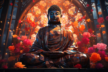 Poster - An abstract photograph of the Great Buddha of Kamakura, focusing on its geometric details and architectural elements, capturing the interplay of light. 