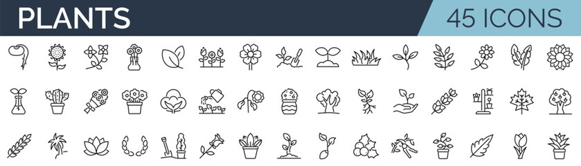set of 45 outline icons related to plants, floral. linear icon collection. editable stroke. vector i