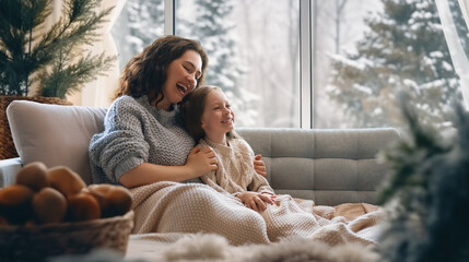 Wall Mural - Mother and daughter enjoying winter nature in the  window