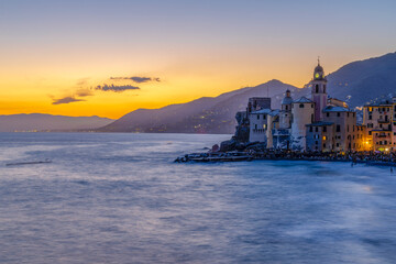 Sticker - CAMOGLI, ITALY, AUGUST 6, 2023 - View of the ligurian seaside village of Camogli at dusk, province of Genoa, Italy