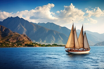 Sailing boat on the sea against the background of the mountains