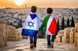 back view of two children from palestine and israel holding hands for future peace stop the war draped in an Israeli flag other in a Palestinian flag, walking down a stone path
