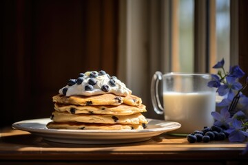 Wall Mural - delicious pancakes with fresh blueberries and syrup on wooden table