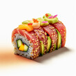 Sushi Rolls Colorful sushi rolls stuffed with tuna, salmon, avocado, cucumber and fresh mango, garnished with sesame seeds.