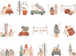 Collection of vector winter illustrations in flat style, cozy Christmas funny set of pre-made scenes, hand drawn vector illustration