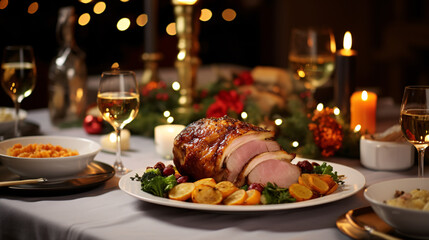 Wall Mural - Christmas Dinner tabletop, beautifully decorated with creamy bokeh christmas lights in the background 