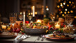 Christmas Dinner tabletop, beautifully decorated with creamy bokeh christmas lights in the background 