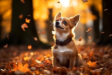 Wall Mural - Small brown and white dog sitting on top of leaves.