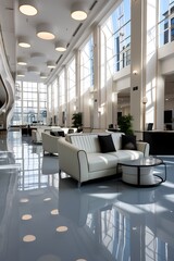 White couch sitting in lobby next to table.