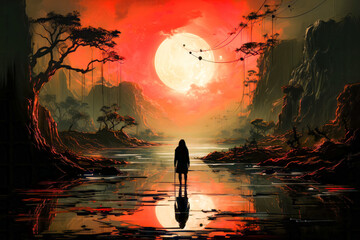 Sticker - Image of person standing in front of sunset.