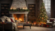 Cozy living room with fireplace and festive Christmas tree