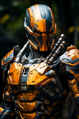 Poster - Close up of robot wearing suit and helmet.