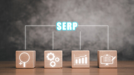 Wall Mural - serp, search engine results page concept, wooden block on desk with search engine results page icon 