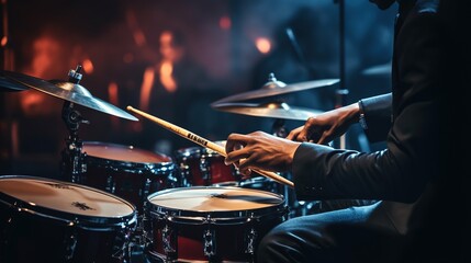 A musician holding a drum stick is playing a song. Music program. Concert stage background.